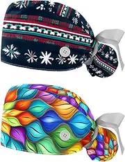 [YTYVAGT] 2-Pc,Nurse Scrub Caps,Scrub Hats with Buttons and Cotton Sweatband,Art Retro Ethnic Bohemia