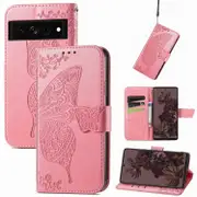For Google Pixel 7 Case, Butterfly Embossed PU Leather Wallet Folio Cover, Stand, Pink
