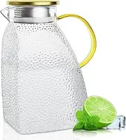 Water Pitcher, Wieat Clear High Borosilicate Glass Jug with Stainless Steel Lid, Leakproof Fridge Door Carafe for Hot or Cold Beverage (1.8 L/63 oz)