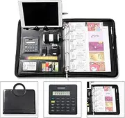 A4 Zipper Leather New Version Conference Folder Business Document Bag Portfolio with Ring Binder，A4 Writing Pad ，Card Holders，Calculator and Notebook Business Document File Folder