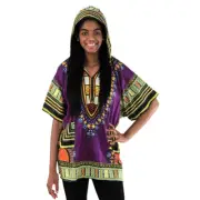 PurpleTraditional African Print Dashiki w/color designs w/Hood. Free Size.