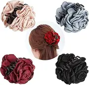 Lawie 4 Pack Large Black Burgundy Red Butterfly Octopus Ribbon Silk Chiffon Rose Flower Plastic Hair Claw Clips Fabric Floral Bows Jaw Barrettes Grips Clamps Twist Hair Accessories for Women Girls