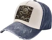 [YANYU] Cool Steampunk Gears Print Fashion Washed Distressed Baseball Cap Vintage Adjustable Hat with Classic Brim, Navy Blue, One Size