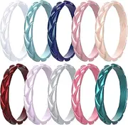 [Zollen] 10 Packs Wheat Shape Silicone Wedding Rings for Women, Metallic Rubber Wedding Bands Stackable Ring, 11 - 11.5(20.6mm), Rubber Silicone