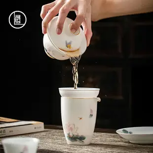 泥巴人 德化白瓷手工陶瓷蓋碗套裝大號泡茶三才碗茶杯功夫茶碗