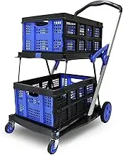 Heavy Duty Shopping Trolley 2-Tier Foldable Utility Trolley with Removable Crates – Lockable Wheels,Foot Brake & Swivel Casters – Multi-Purpose Rolling Cart for Shopping,Office,Hospital (Blue Colour)