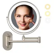 Nevenka Wall Mounted Lighted Makeup Mirror 8" 10X Magnifying Cosmetic Mirror with 3 Color Modes Battery Type-Nickel