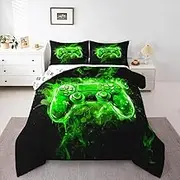 Feelyou Kids Green Gamer Bedding Set Full Size, Hippie Graffiti Gaming Duvet Insert Modern Game Comforter Set Boys Girls Teens Bedroom Decor Microfiber Bed Set