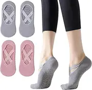 [KEPKKU] 2 Pairs of Pilates Socks, Yoga Socks, Non-Slip Socks with Cross Straps, Stopper Socks, Women's Ankle Socks, Pink & Grey Grip Socks for Ballet / Fitness / Dance (EU 36-39), Pink & Grey, 36