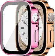 2 Pack Cases for Apple Watch 9 8 7 41mm, Electroplating Bumper Frame with Tempered Glass HD Clarity Screen Protector for iwatch Series 9/8/7 41mm Accessories, Rose Pink/Rose Gold
