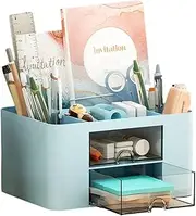 Desk Organiser with Drawer, Large Capacity Desktop Pen Holder Caddy Office Supplies Organiser Stationary Accessories Storage Box (Blue)