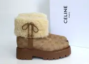 New sz 6.5 / 37 CELINE Brown Logo Cropped Shearling Pull on Boot Leather Shoes