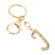 Initial Letter Keychain, Letter J Charm with Crystal Diamonds Cute, Gold Tone