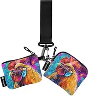 [XYMZR] Mini Zip Around Wristlet keychain Wallet Brightly Colored Rooster for Women Personalized Pattern Detachable Dual Pouch Wristlet Portable Wallet Phone Coin Purse, Multi-colored, One Size