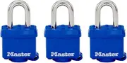 Master Lock 3 Pack Locks with Keys - 40mm Size Laminated Keyed-Alike Steel Padlocks with Blue - Outdoor Locks Weatherproof Covers