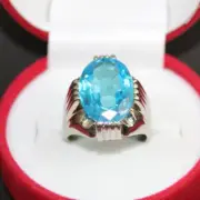 Original Blue Topaz Men Oval Shape Blue Topaz Ring in Sterling Silver 925 A+++