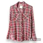 Sneak Peek small red & black plaid distressed flannel button front frayed edges