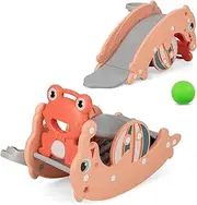 HONEY JOY 3-in-1 Kids Slide Rocking Horse Set, Convertible Toddler Slide with Basketball Hoop, Lovely Frog & Dolphin Patterns, Indoor Slide Set for Boys & Girls Aged 3-6 Years Old (Pink)