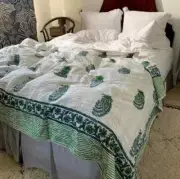 New Indian Unique Kantha Hand Block Print Handmade King Size Bedspread Blanket