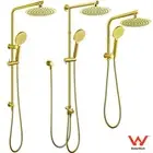 Brushed Gold WELS Double Round Shower Head 3 Mode Handheld Sliding Rail Arm Set