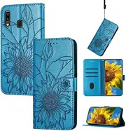 SATURCASE Case for Samsung Galaxy A20 / A30, Sunflower Embossing PU Leather Flip Magnet Wallet Stand Card Slots Hand Strap Protective Cover for Samsung Galaxy A20 / A30 (HE-Blue)