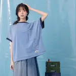 【MOSS CLUB】提花組織拼接螺紋棉短袖上衣(淺藍 深藍)