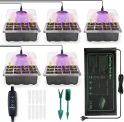 5 Pack Seed Starter Tray with Heat Mat and Grow Light Humidity Domes, 60 Cell Tr