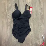 NWT Spanx Riveting Ruched One-Piece Shaping Swimsuit Sleeveless Black Sz 10D/DD