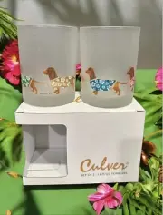 Culver Beach Dachshund “Luau Dogs” Frosted Double Old Fashion Glasses Set Of 2