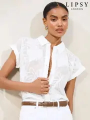 Lipsy White Burnout Button Through Short Sleeve Shirt (F64667) | $83