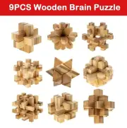 9Pcs Brain Teaser Puzzle Wooden Kongming Puzzles Kids IQ Educational Game Toy