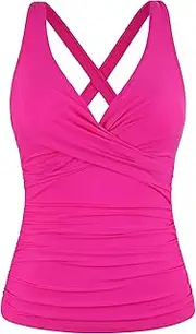 [Firpearl] Women Underwire Tankini Top Only Twist V Neck Swimsuits for Big Busted Ruched Tummy Control Bathing Suits Top, Hot Pink, 22