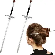 2 PACK Chinese Sword Tassel Hair Accessories Sticks for Women Buns with Hair Gems Sword (Silver)
