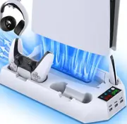 Newest 3 Mode Led Cooler Fan for PS5 Vertical Stand 2 Controller Charging Dock for Sony Playstation 5 Disc/Digital Console (White)