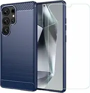 LCEHTOGYE Carbon Fiber Cover for Samsung Galaxy S25 Ultra + HD Tempered Glass,Shell TPU Bumper Protective Back Case - Anti-Scratch Screen Protector for (6,8")-MFLS - Blue