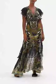 NEW $849 CAMILLA RAVIN RAVIN TIE MAXI WITH FRONT SPLIT SILK CRYSTALS