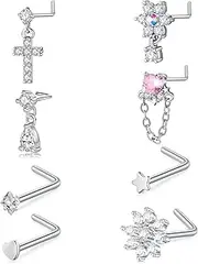 [AceFun] 8pcs Gold Silver L-Shaped Corkscrew Nose Rings Studs Set for Women 20G Surgical Steel Dangle Nose Ring Star Nostril Nose Piercing Jewelry Hypoallergenic CZ Heart Butterfly Bow Flower Bee Nose