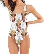 [RPLIFE] Cute Highland Cow One-Piece Womens Bathing Suit, Low Back One-Piece Swimsuits for Women Honeymoon Bathing Suits for Women