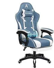 ALFORDSON Fabric Blue Gaming Chair with SGS Listed Gas-Lift, Linen Ergonomic Executive Office Chair with Massage and 150° Recline, Height Adjustable Racing Chair with Footrest, Max 180kg