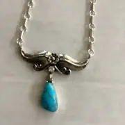 HSN Chaco Canyon Sterling Silver Kingman Turquoise Feather drop Necklace 18”