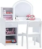 BXKX Kids Vanity with Lights, Princess Vanity Set with Drawer and Storage Shelves, 2 in 1 Toddler Makeup Vanity with Lighted Mirror, Girls Vanity Set with Stool for Little Girls (White)