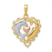 14k Two-tone Gold Two-tone Gold w/White Rhodium Dolphins In Heart Pendant