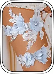 [Campsis] Wedding Garter Set Blue Flower Lace Garter for Bride Adjustable Bridal Leg Garter for Women, White-a