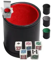(5) 16mm D6 White Poker Dice Clubs Ace + Black PU Leather Felt Lined Dice Cup