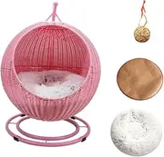 Semi Closed Pet Hammock Bed Hanging Woven Hideout Pet Supplies Comfortable Sleeping Bed Potable Rest Cat Bed Cave Pet House, Pink with Cool mat