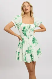 Green Floral Fit And Flare Dress Mini - Size 16XL, Women's Skater Dress