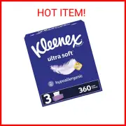 Kleenex Ultra Soft Facial Tissues, 3 Flat Boxes, 120 per Box, 3-Ply (360 Total)