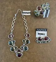Vintage Napier Costume Jewelry Necklace Earrings Bracelet Gold Tone Faux Gems
