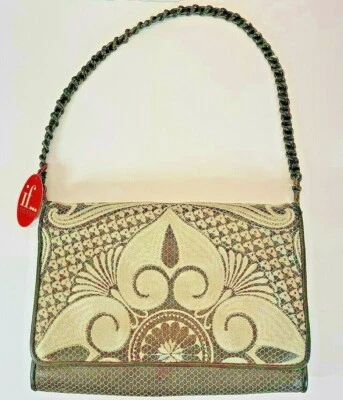 Isabella Fiore Lavish Connie Clutch H65000 Chain Strap Gold Brown Embroidered
