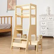 Uandhome 2 in 1 Toddler Standing Tower and Kitchen Step Stool - Adjustable Height Learning Helper With Removable Anti-Drop Safety Rail for Kids' Bedroom, Bathroom